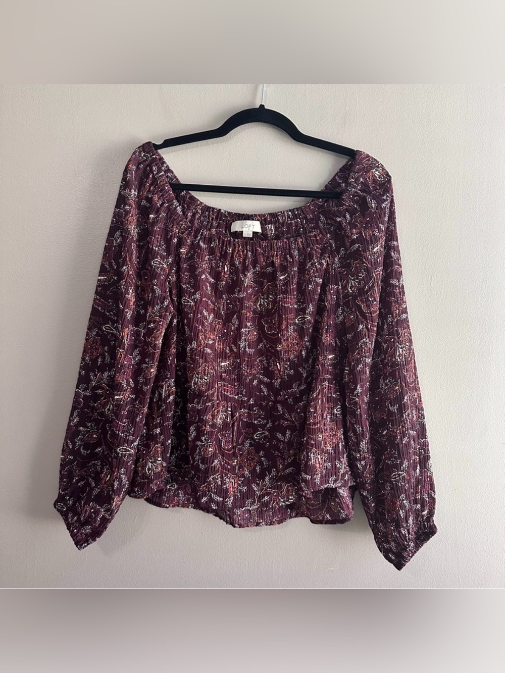 LOFT Burgundy Autumn Floral Crinkle Stretch Square Neck Blouse Womens Small